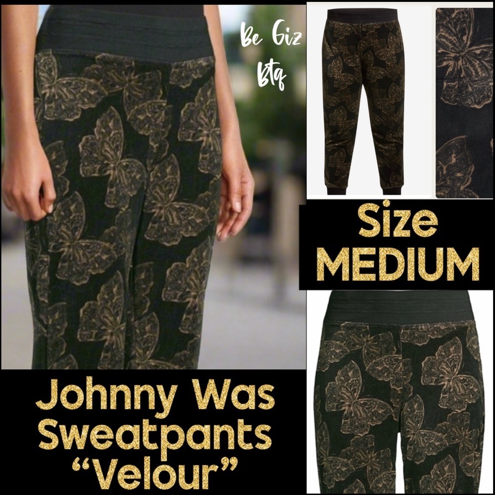 Johnny Was Zuri Modern Velour Sweatpants Black & Butterflies Size Medium NWT - Picture 3 of 14